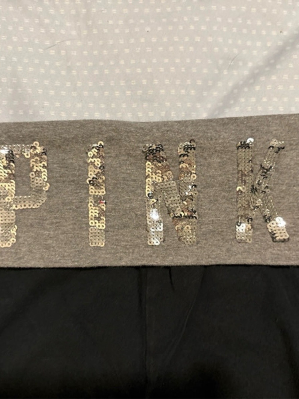PINK Victoria's Secret Foldover Black Capri Leggings with Gray Sequin Logo